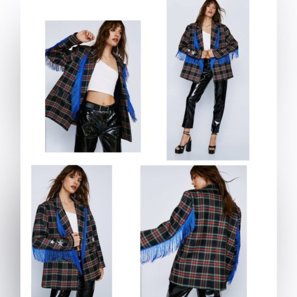 ✨ Nasty Gal NWOT Red Tartan Embellished Appliqué Blazer  Size 4 Oversized Fit ✨